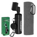 Golf club water brush with retractable bristles and gray waffle golf towel with carabiner