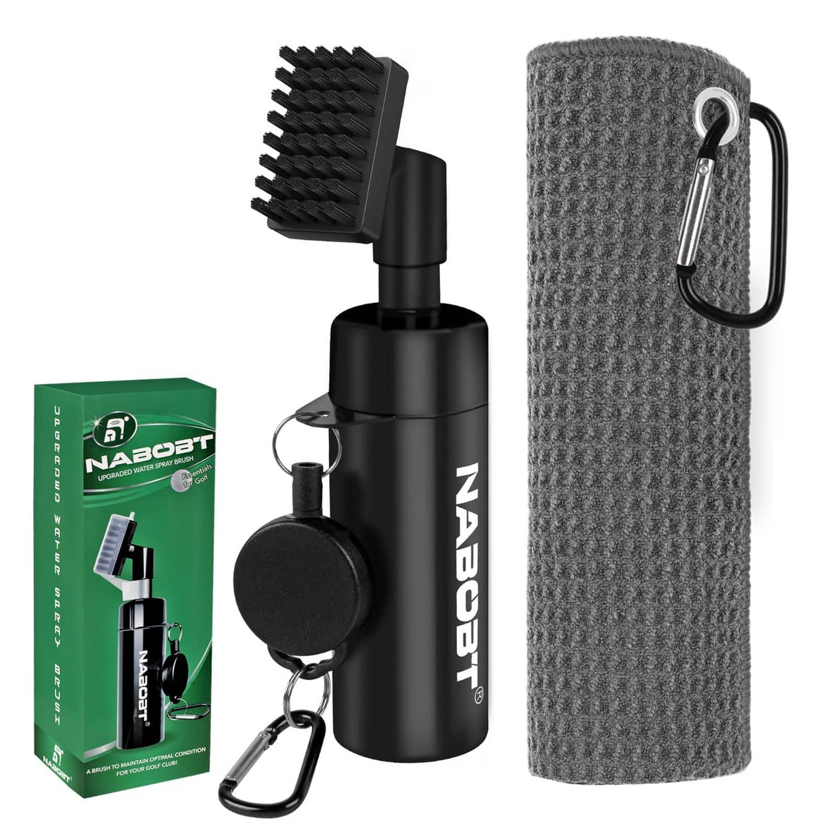 Golf club water brush with retractable bristles and gray waffle golf towel with carabiner