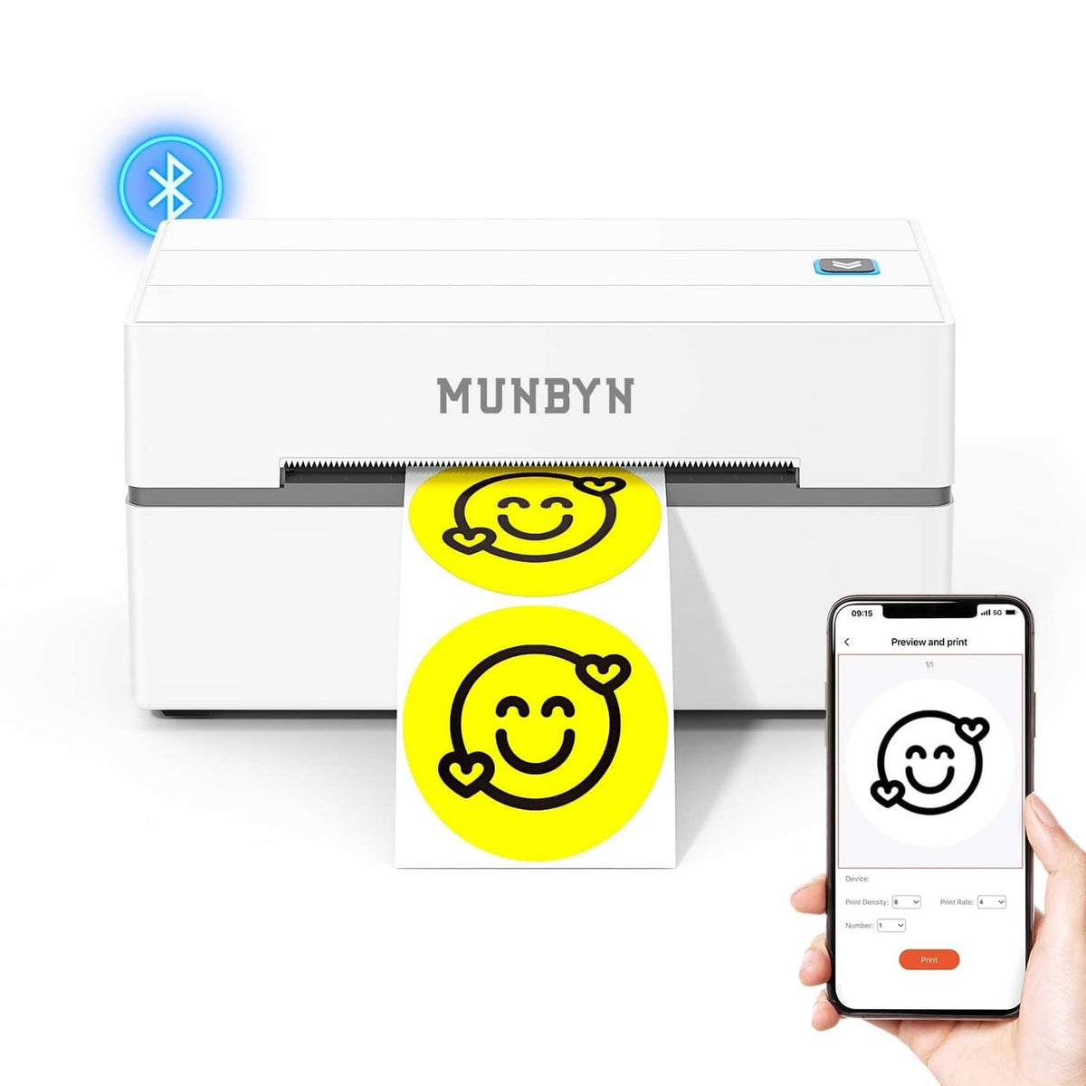 White MUNBYN wireless thermal label printer with 4x6 shipping labels and phone app preview