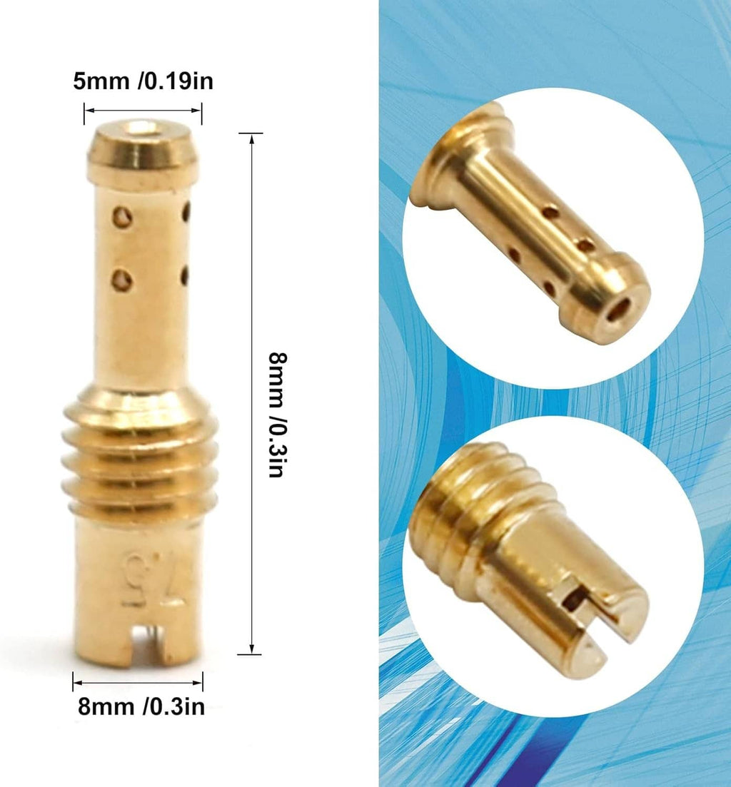 Brass carburetor main jet with 5mm diameter and 8mm length, side view