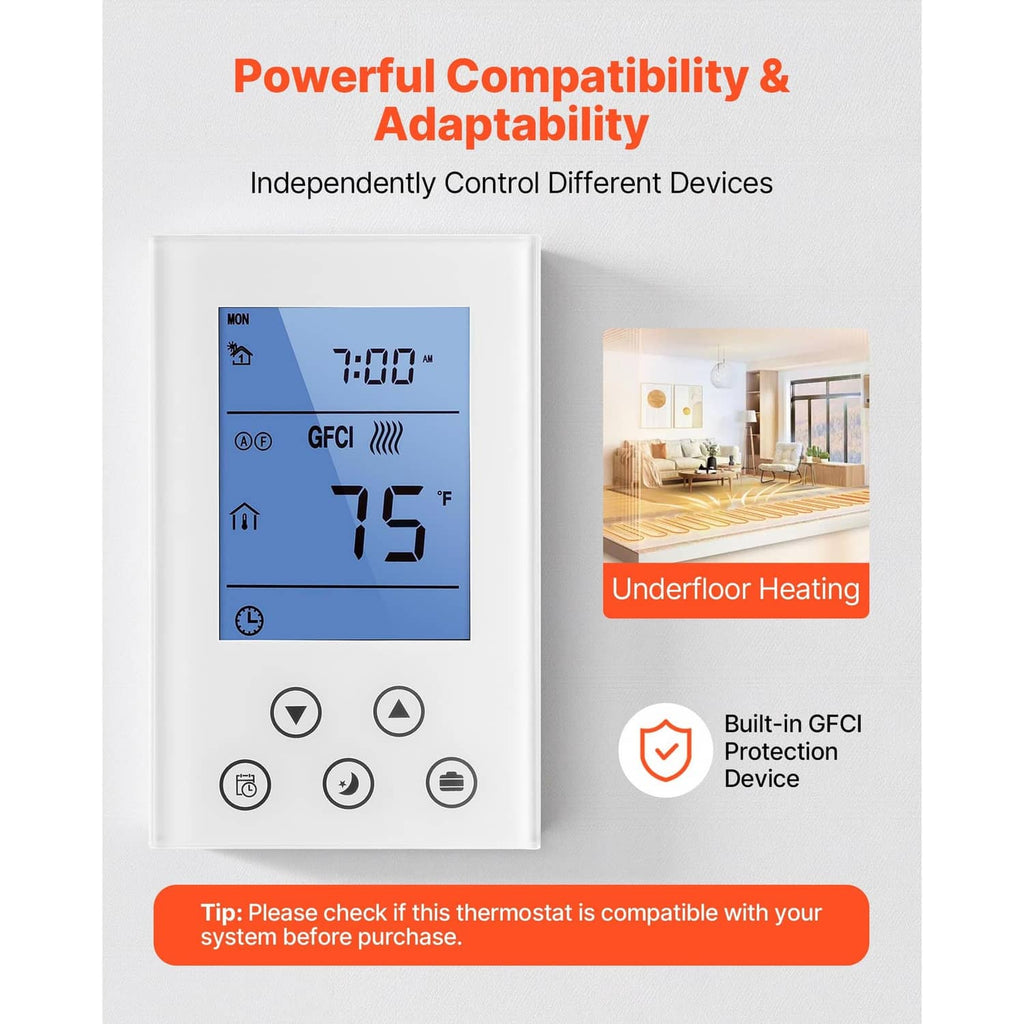 White thermostat front with blue display, compatible heating icons and GFCI indicator