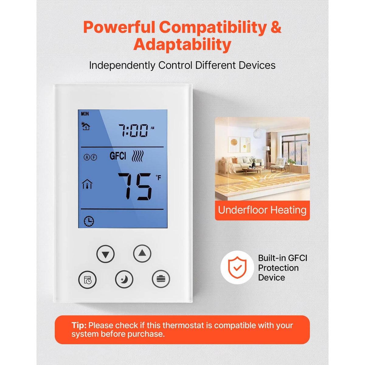 White thermostat front with blue display, compatible heating icons and GFCI indicator