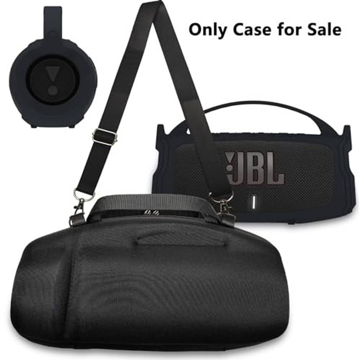 Black JBL silicone cover and travel case with shoulder strap and lanyard