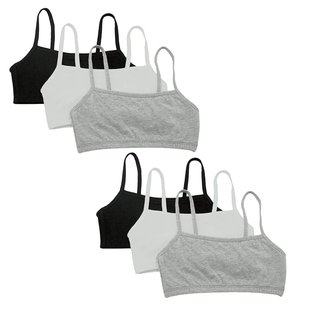 Assorted women’s spaghetti strap pullover sports bras in gray, black, and white
