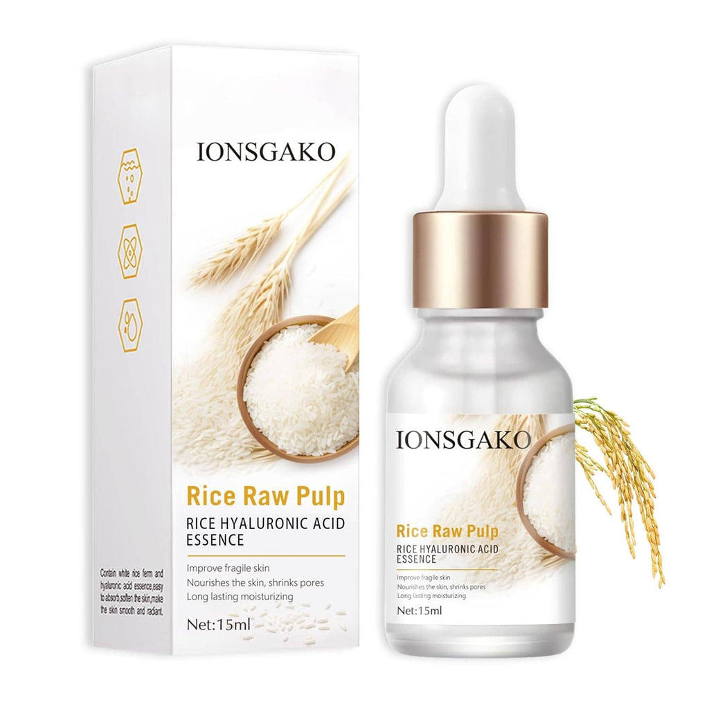 IONGSAKO rice raw pulp essence serum bottle with white box, rice pulp and grain details