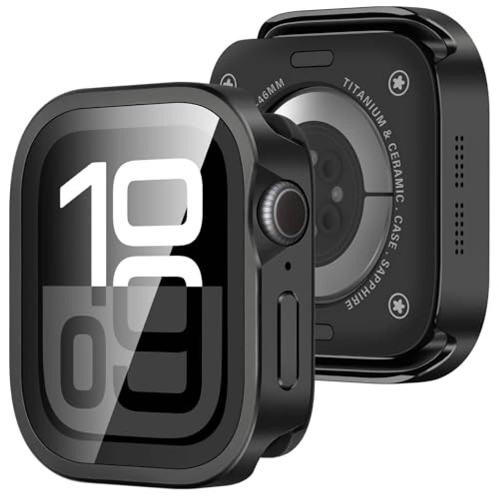 Black metal watch case with camera cutout and side button openings, front and back