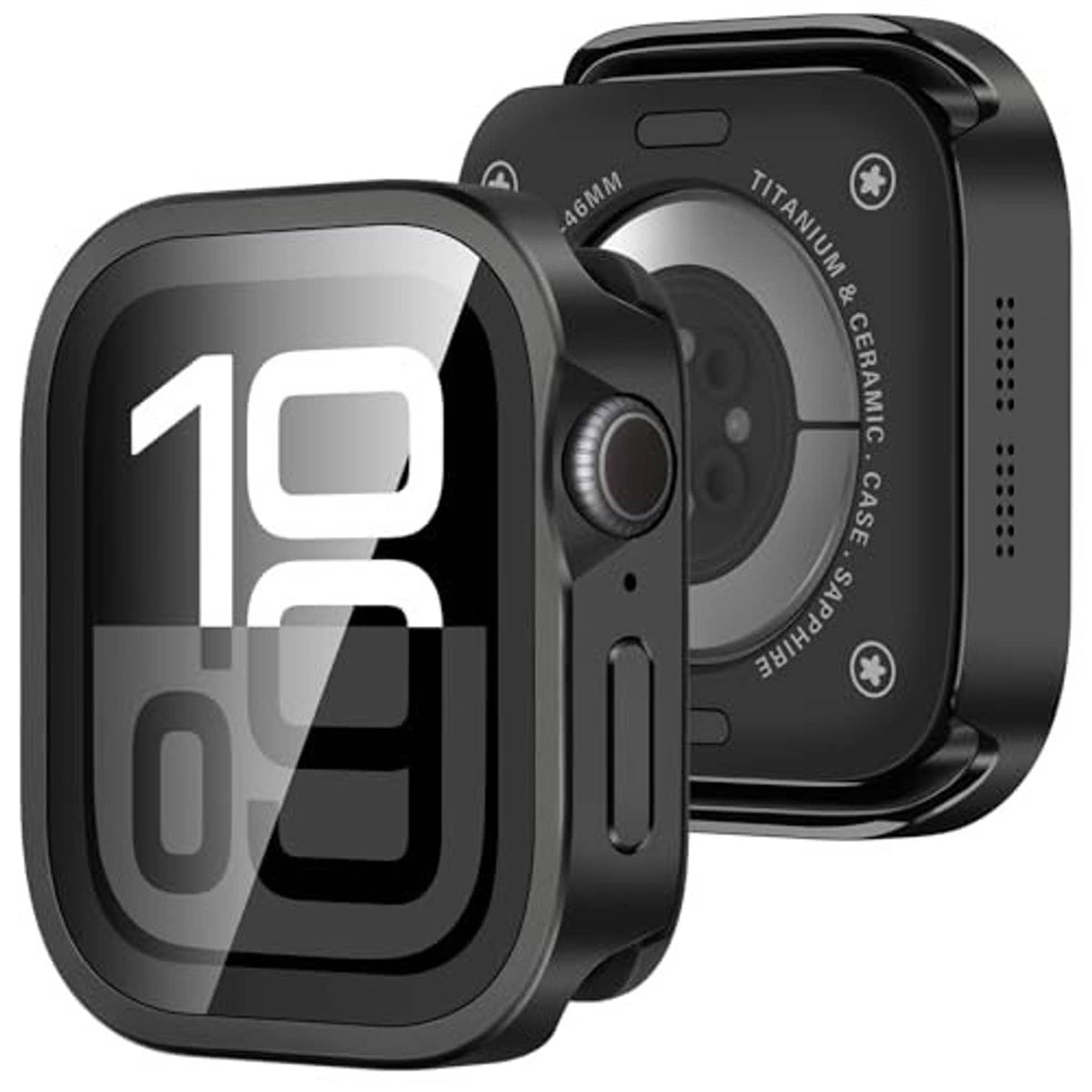 Black metal watch case with camera cutout and side button openings, front and back