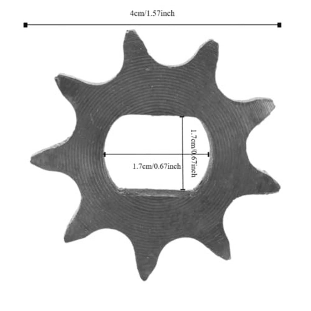 9-tooth chain sprocket gear showing diameter measurements and center bore opening