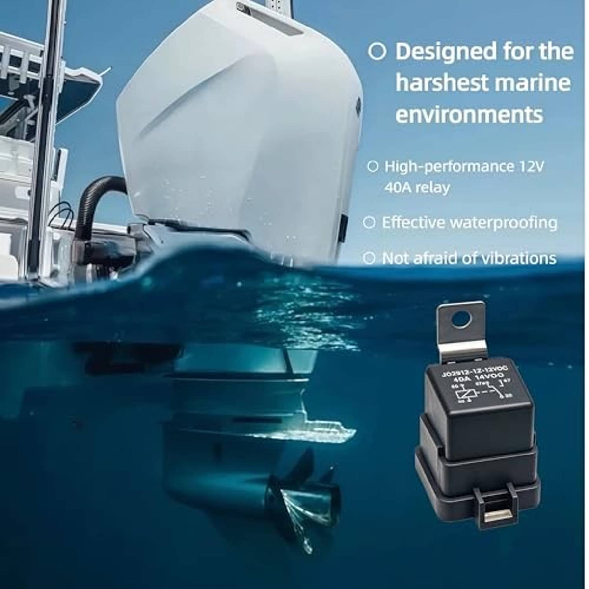 Black 12V marine relay with metal mounting tab and front electrical label