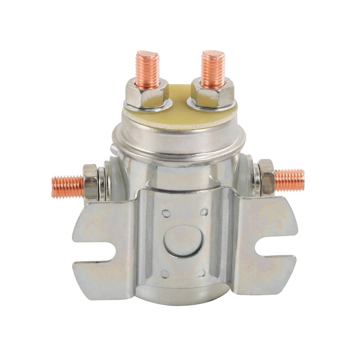 Front view 12V relay solenoid with two top copper studs, yellow insulator, and bracket