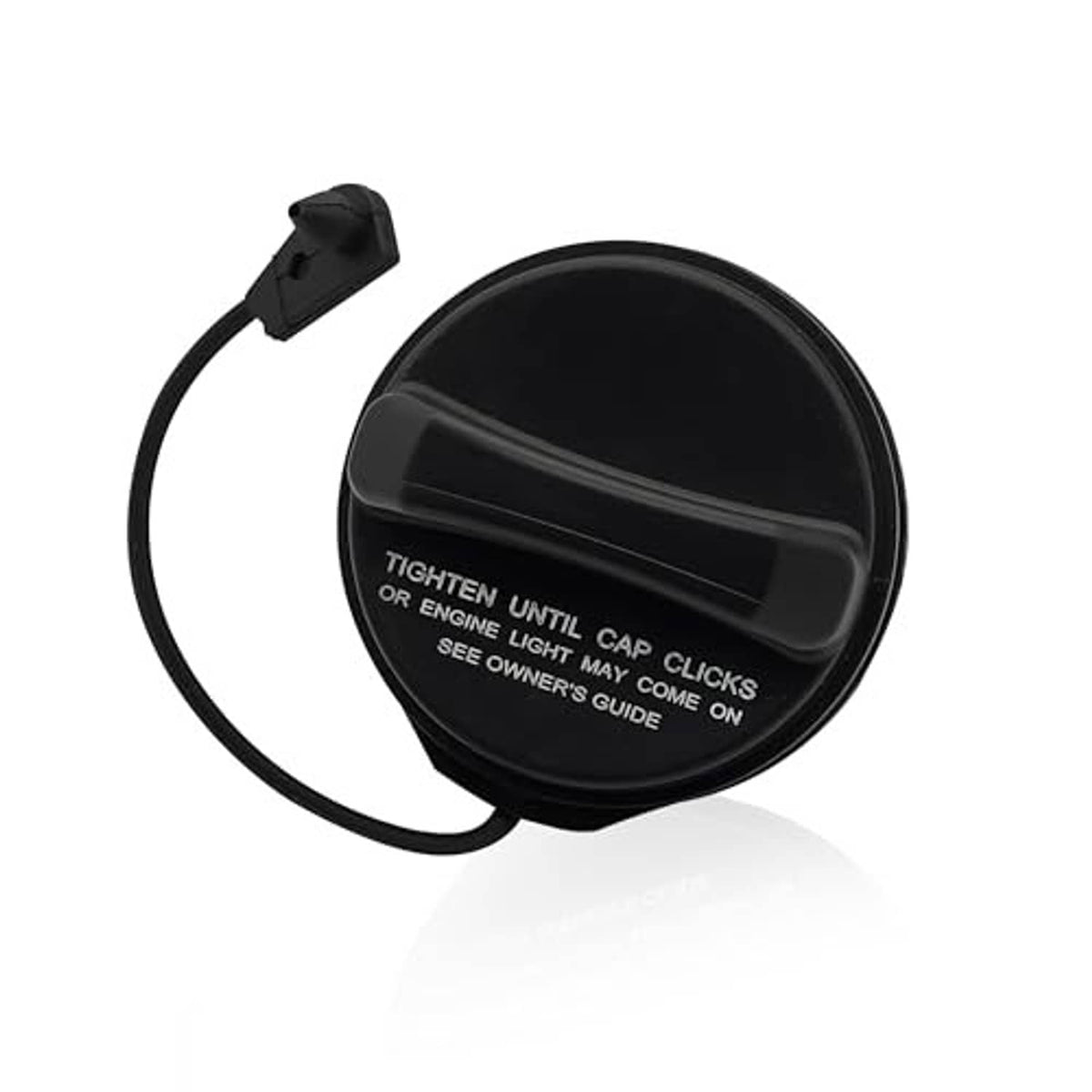 Black fuel filler cap with 'TIGHTEN UNTIL CAP CLICKS' text and looped cord