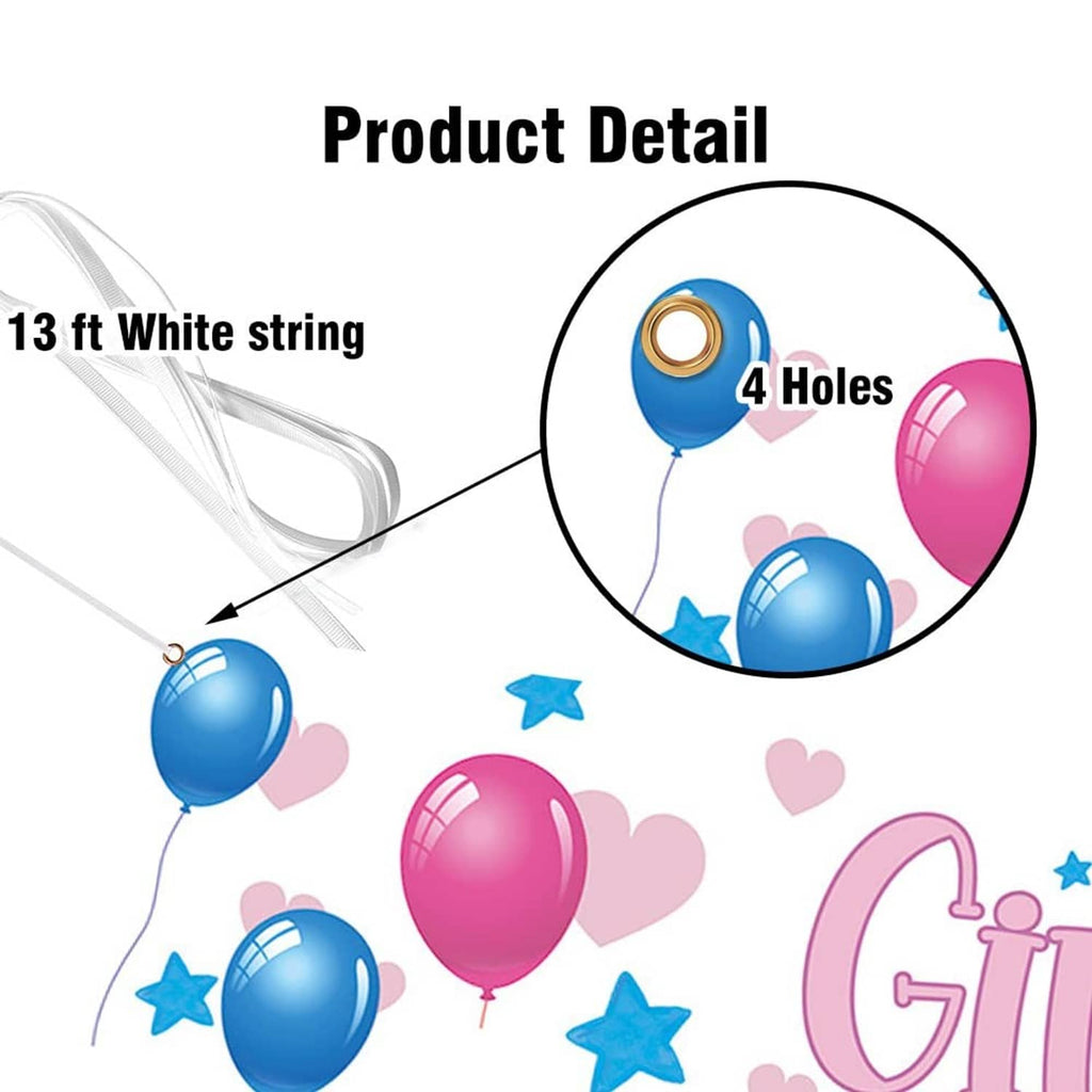 Gender reveal yard banner detail: 13 ft white string, 4 holes, balloons graphic