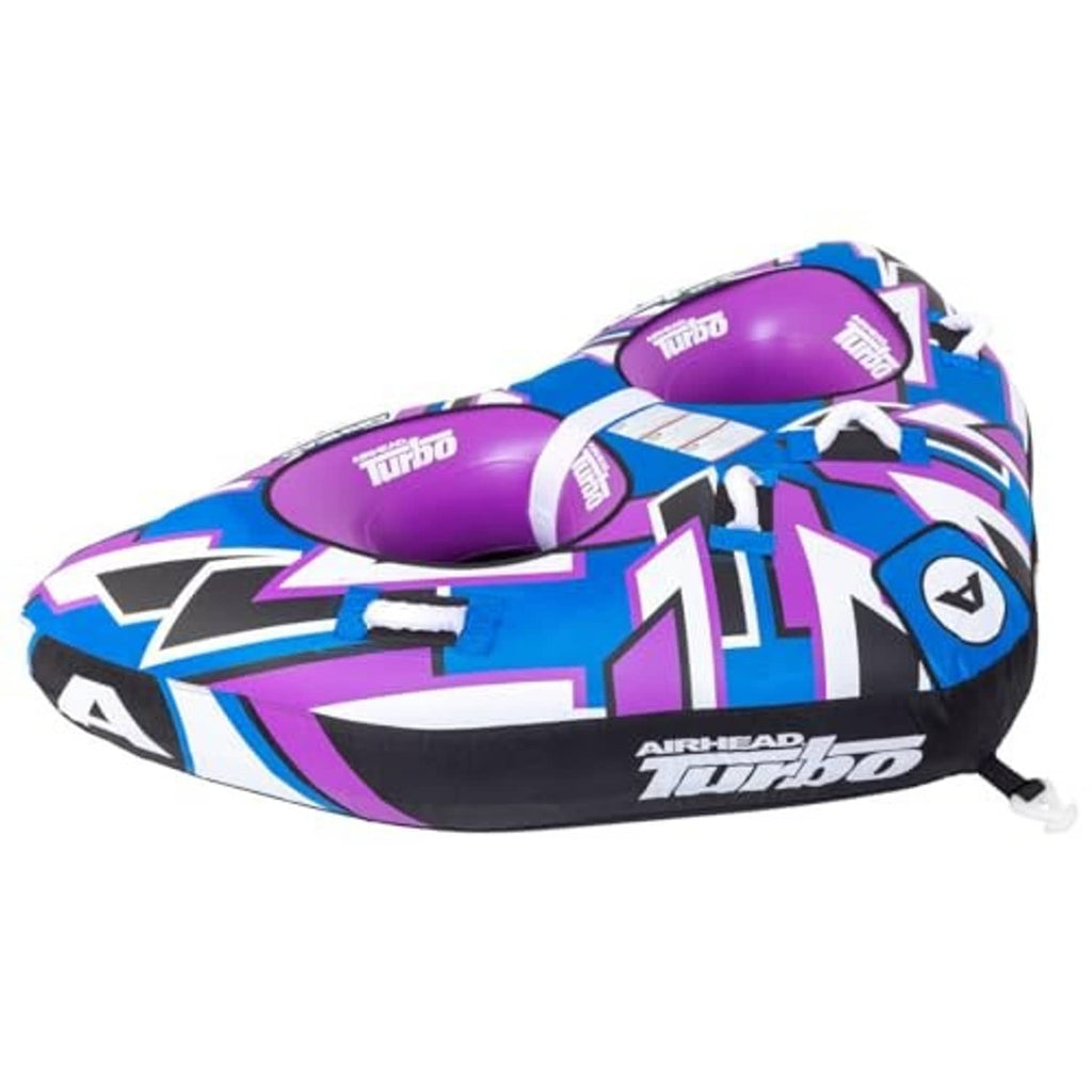 Purple and blue 2-rider inflatable tow tube with Turbo branding and tow rope