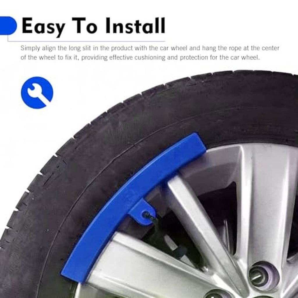 Blue rim protector installed on a car wheel with pull rope looped
