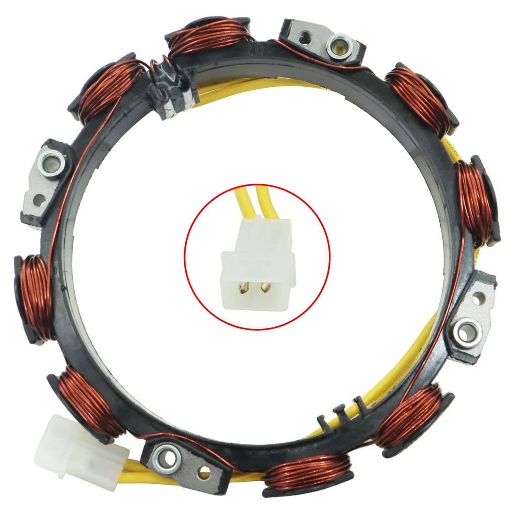 Alternator stator with copper coils and white two-pin connector detail