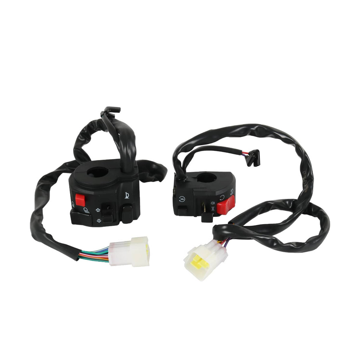 Pair of motorcycle handlebar switches with red rocker buttons and white connectors