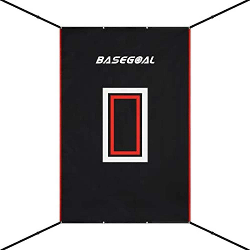 Black vinyl backstop panel with BaseGOAL text and red-bordered strike-zone rectangle