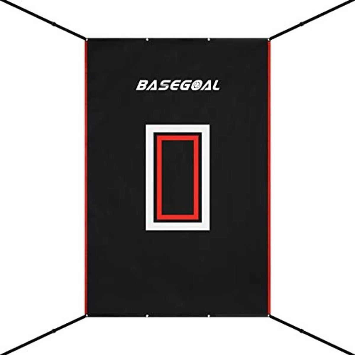 Black vinyl backstop panel with BaseGOAL text and red-bordered strike-zone rectangle