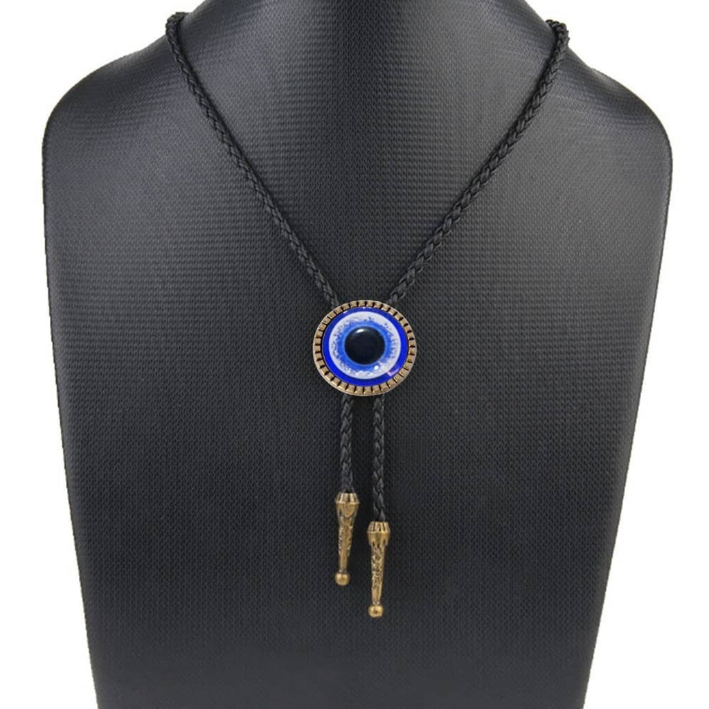 Round blue-eye bolo tie buckle on black cord with two hanging metal tips