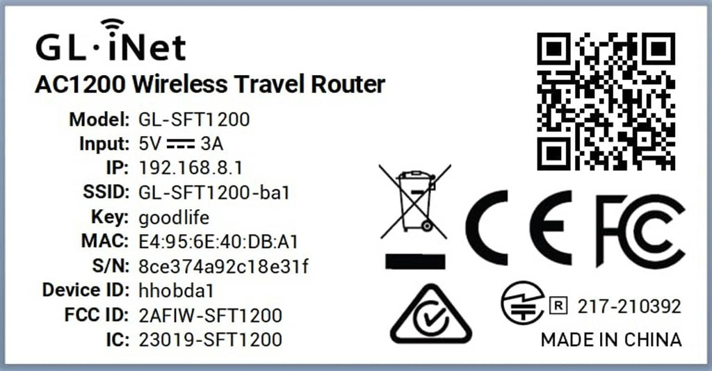 GL.iNet GL-SFT1200 model label sticker with QR code and compliance icons.