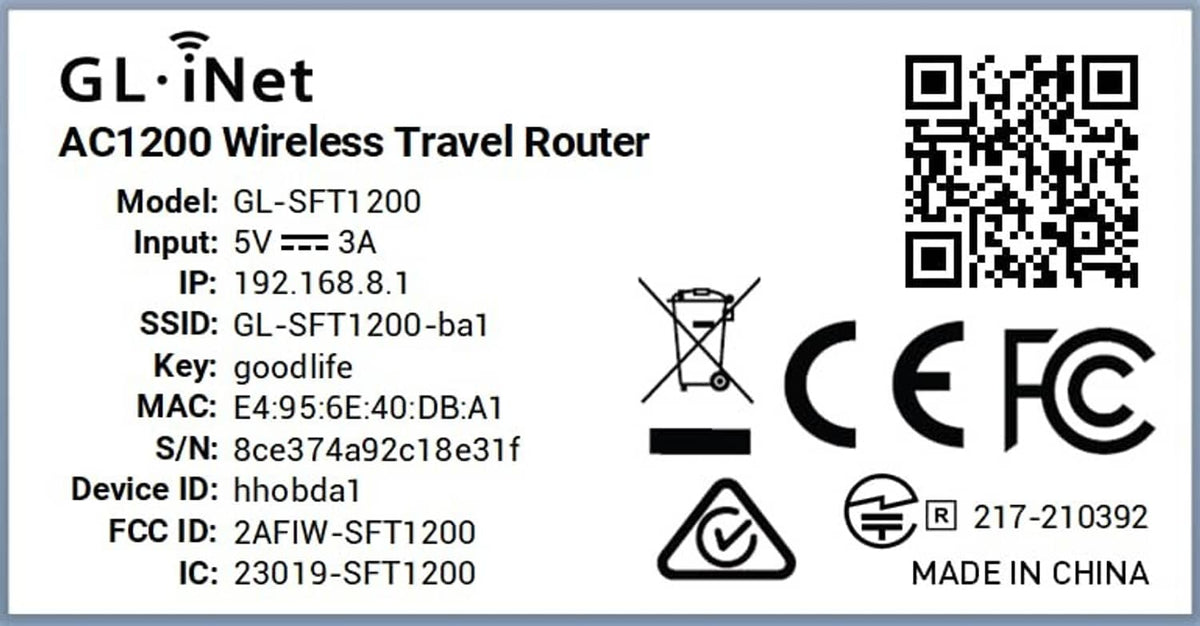 GL.iNet GL-SFT1200 model label sticker with QR code and compliance icons.