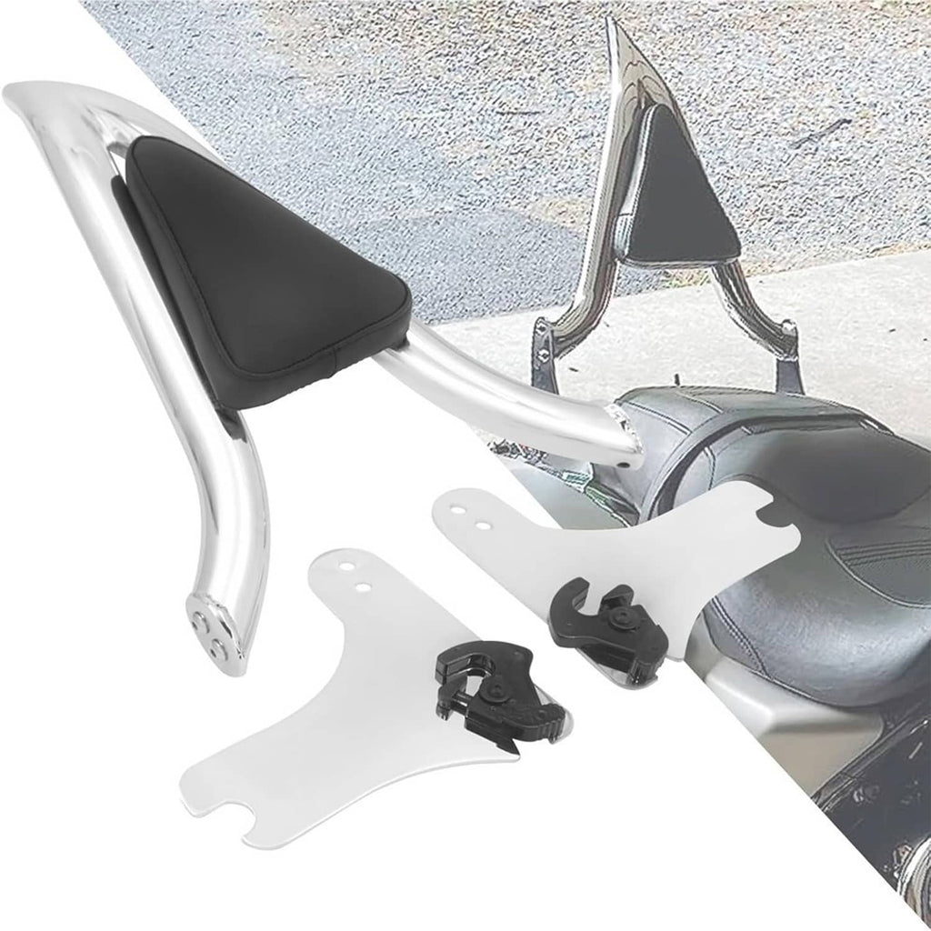 Chrome sissy bar backrest with black pad, mounting plates, and hardware