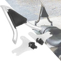 Chrome sissy bar backrest with black pad, mounting plates, and hardware