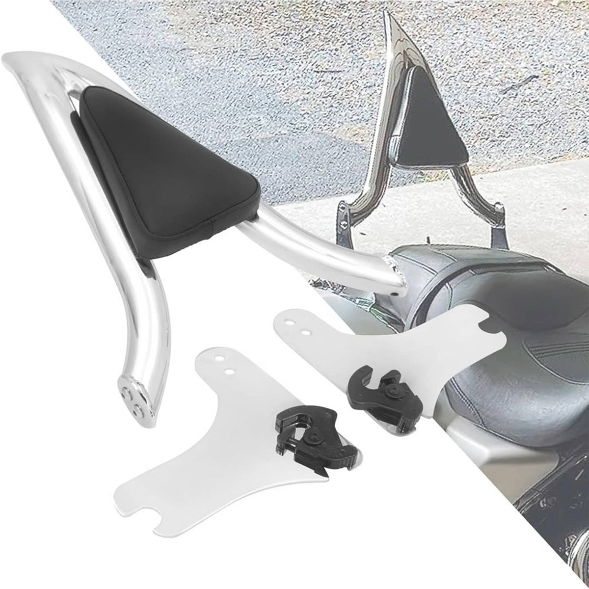 Chrome sissy bar backrest with black pad, mounting plates, and hardware