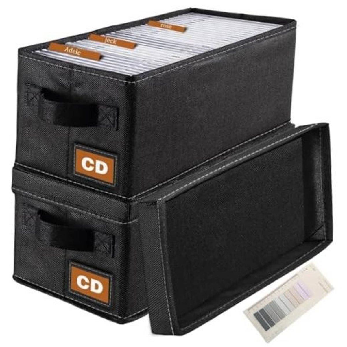 Black 2-pack fabric CD storage boxes with pullout label windows and top CD sleeves