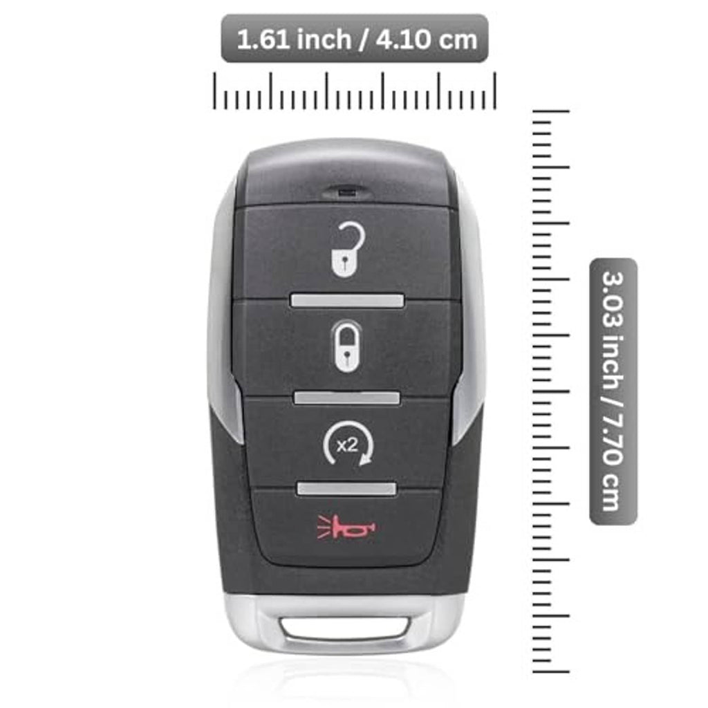 Black keyless entry remote fob, front view with size scale: 1.61 in / 4.10 cm
