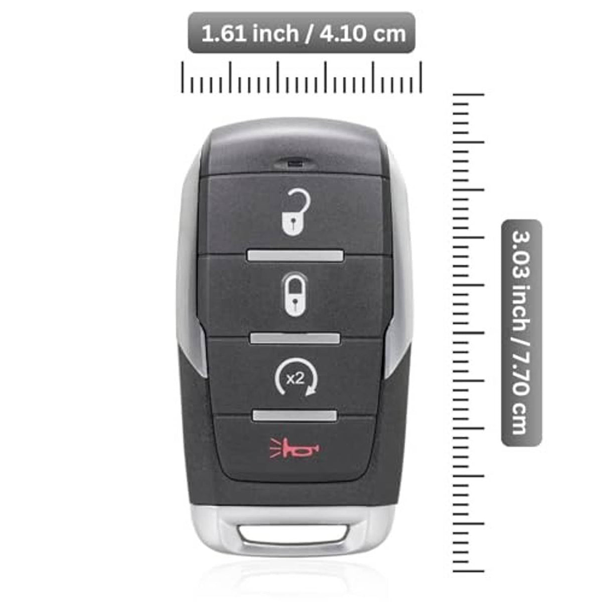 Black keyless entry remote fob, front view with size scale: 1.61 in / 4.10 cm