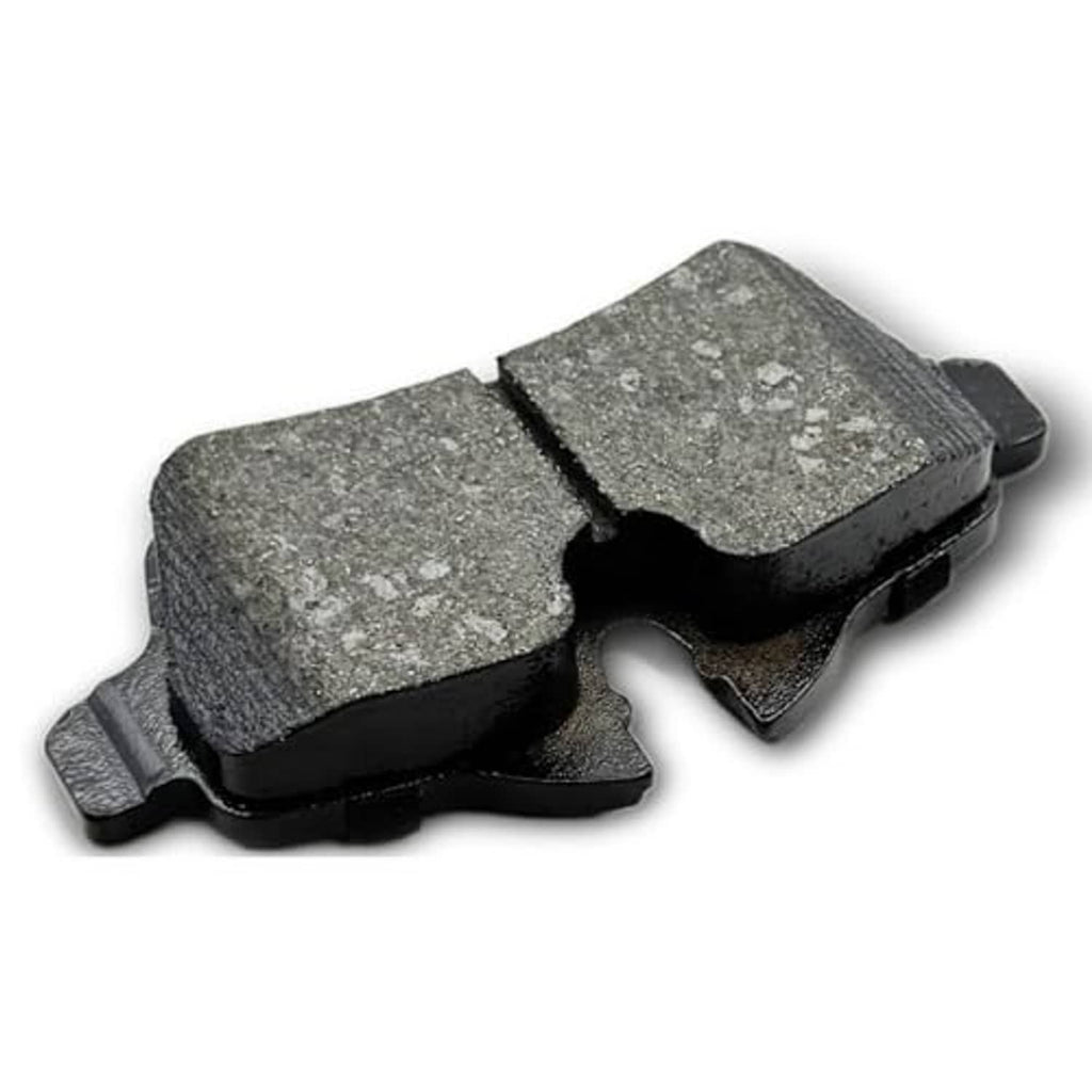 Ceramic brake pad pair with grey friction blocks and black backing clips
