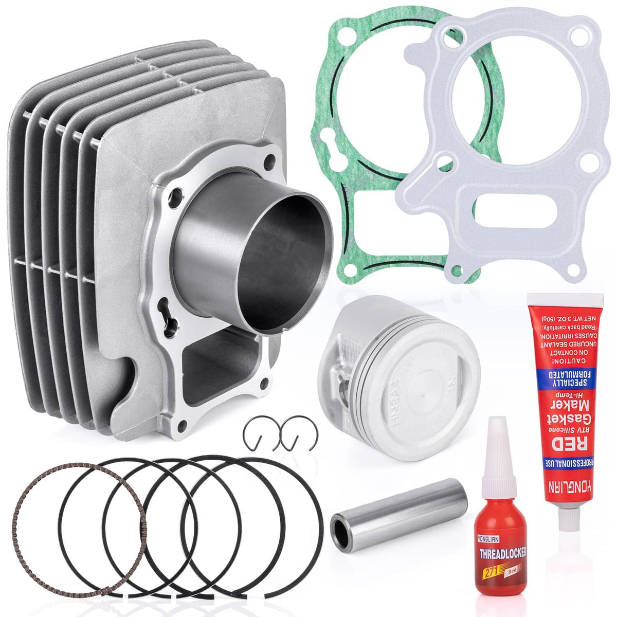 Cylinder head and piston with green gasket, piston rings, pin, and threadlocker tubes