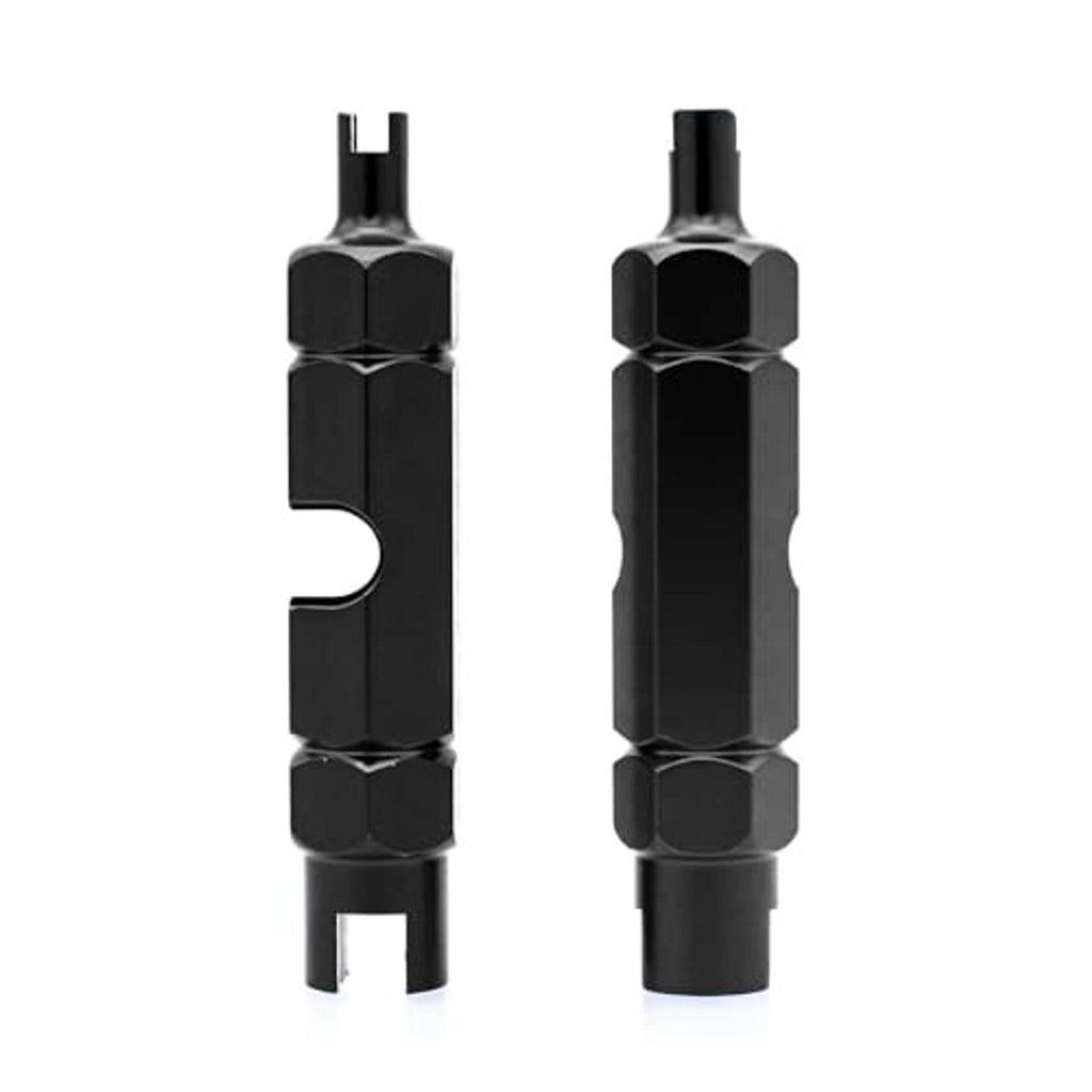 Two black Presta valve core removal tools with hex-ended design for easy core removal