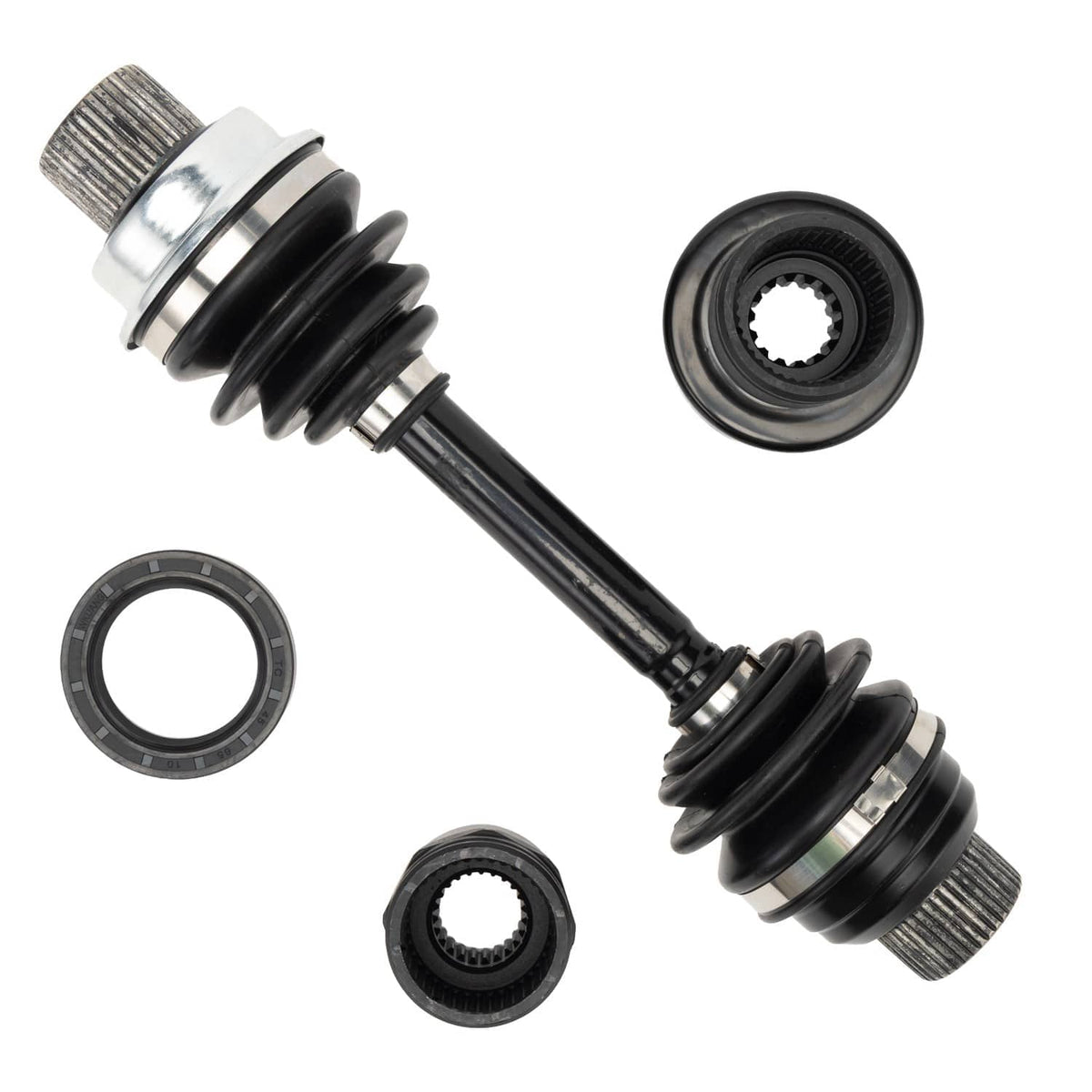 Drive coupler shaft with black boots, metal spline ends, and circular rubber seals.