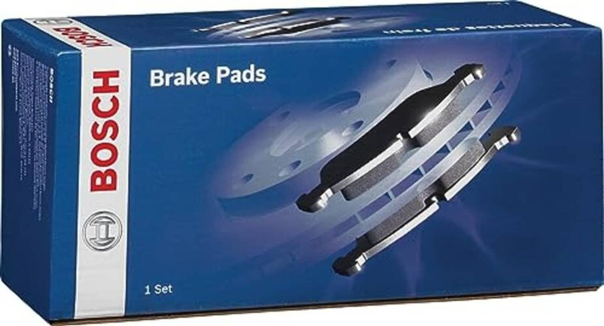 Brake pad set in a blue Bosch box with brake pads and hardware illustration