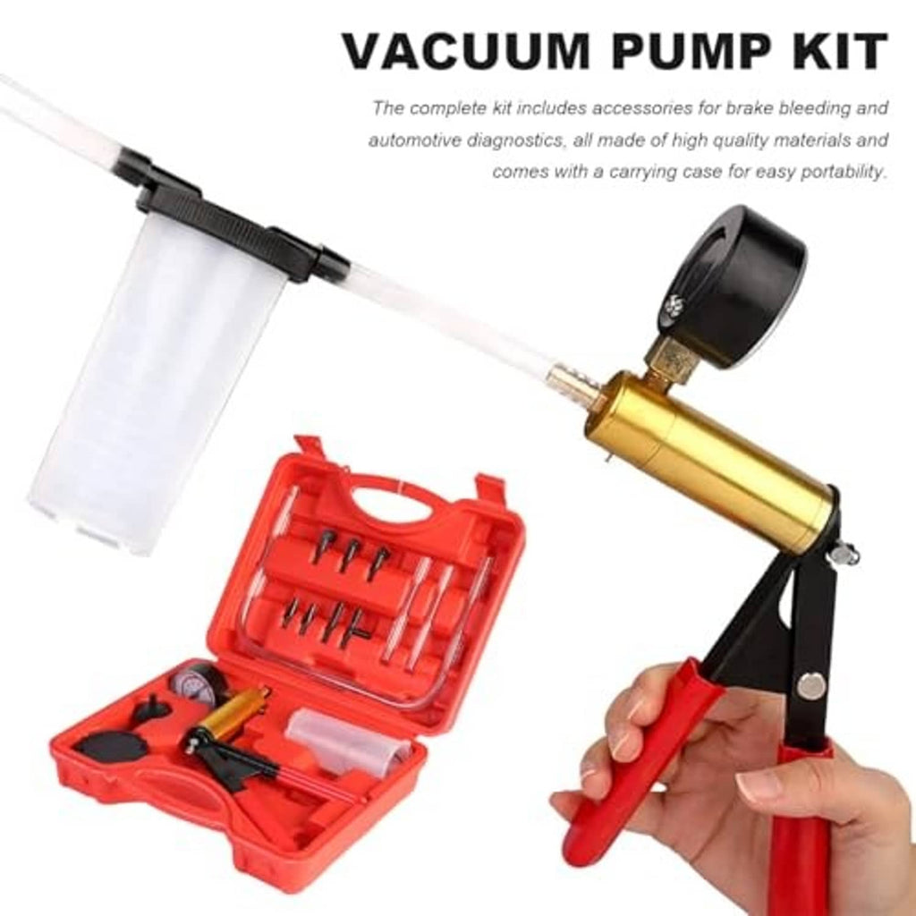 Brake bleeder vacuum pump kit with red case, gold cylinder, and handheld pump