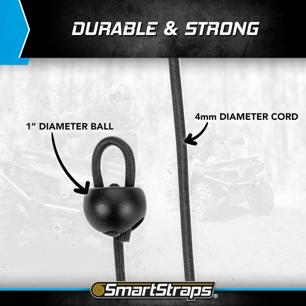 Close-up of black toggle ball and braided bungee cord end