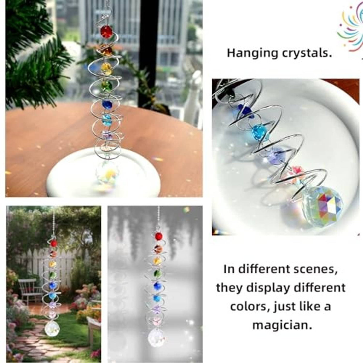 Hanging crystal wind spinner with spiral metal coil and multicolor beads, prism ball at the end.