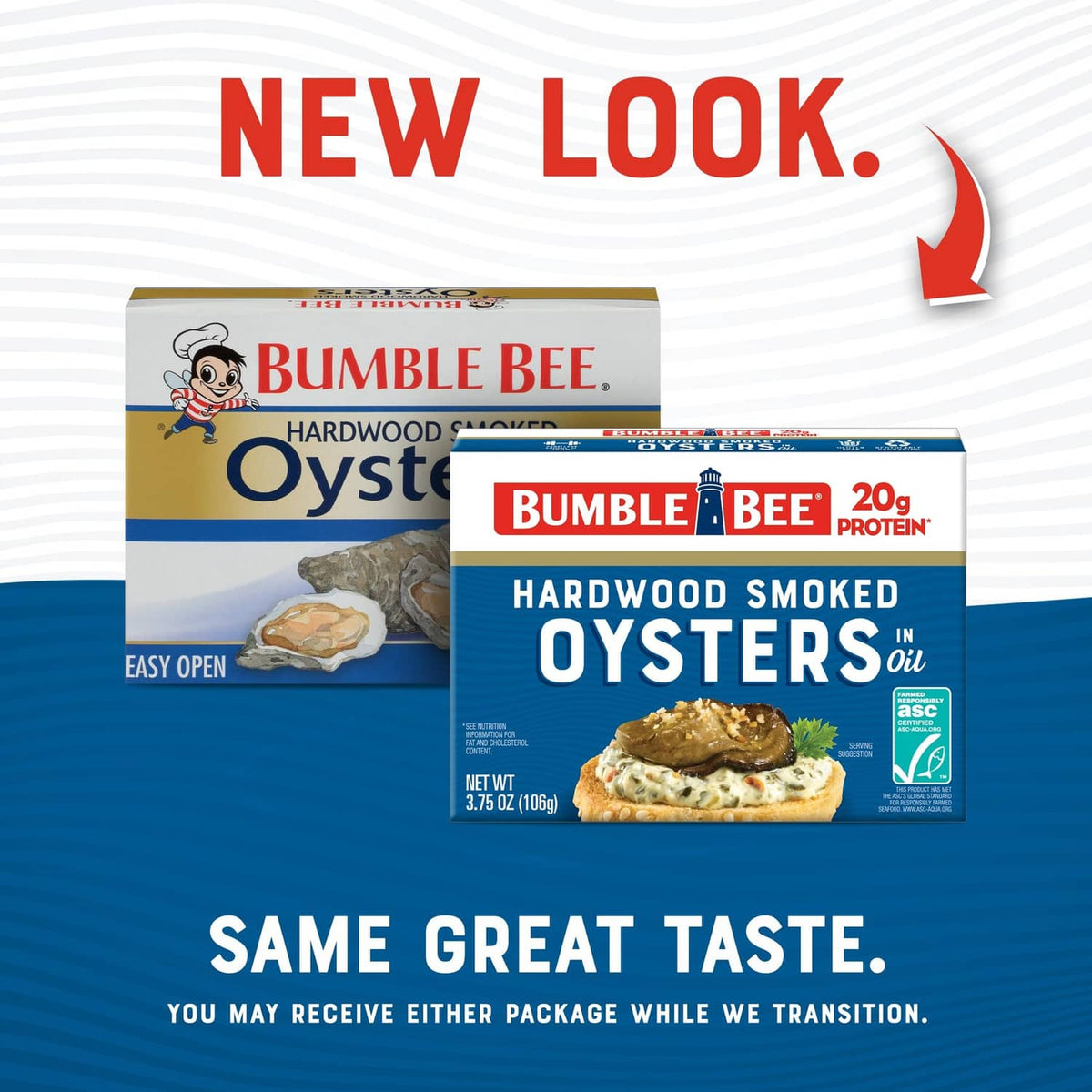 Bumble Bee hardwood smoked oysters in oil packages with “New Look” banner