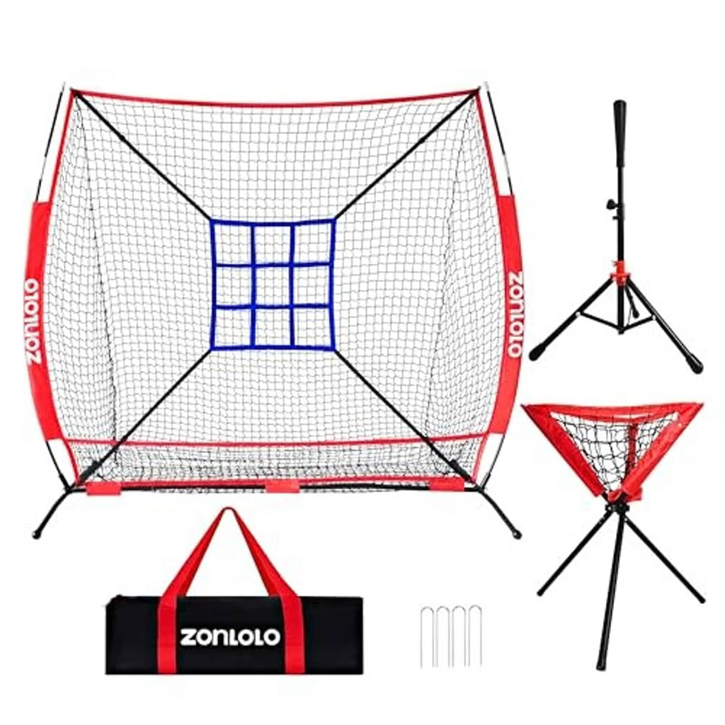 Portable baseball & softball training net set with tripod stand, red frame, blue 9-zone grid