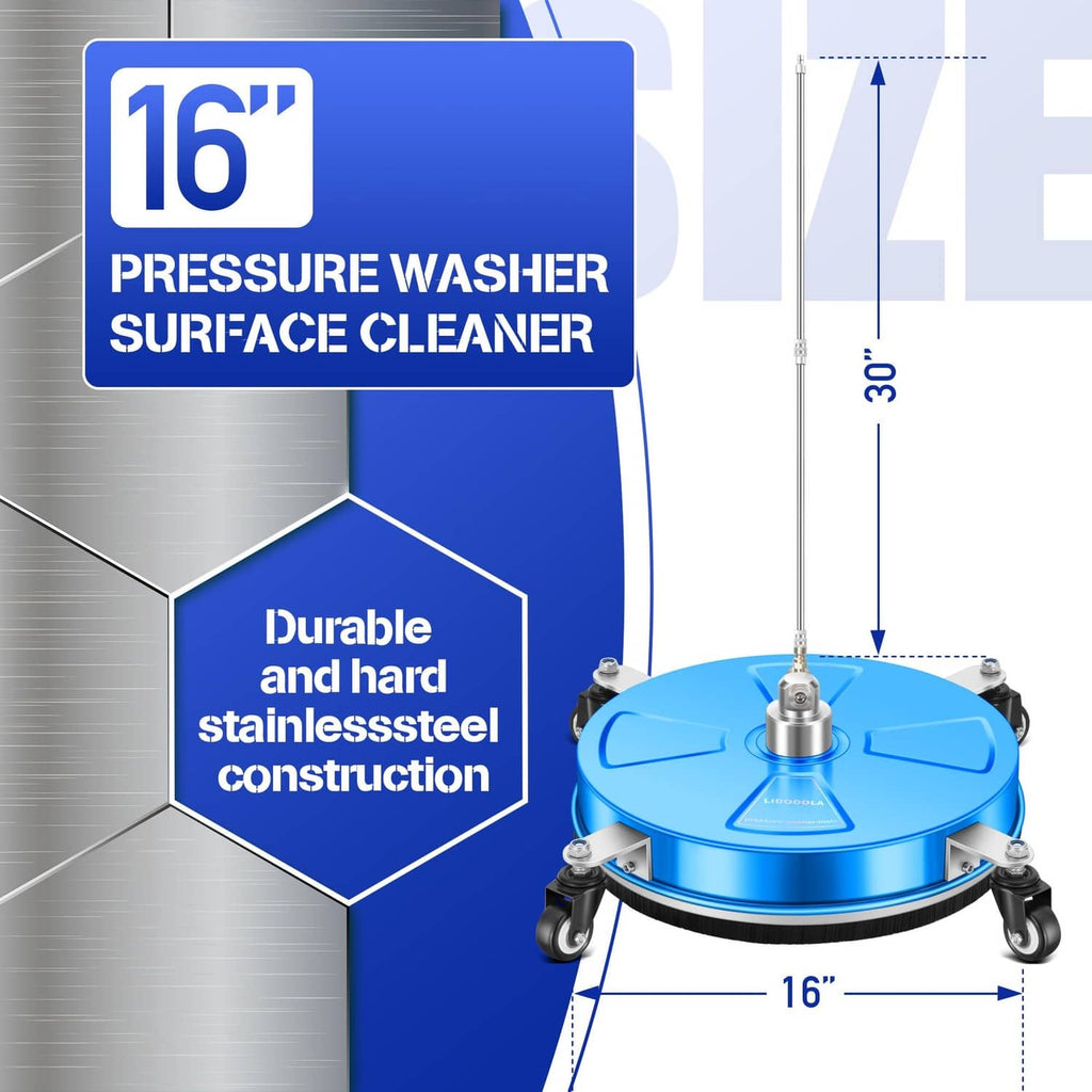 16-inch pressure washer surface cleaner with blue housing, four caster wheels, central spray head