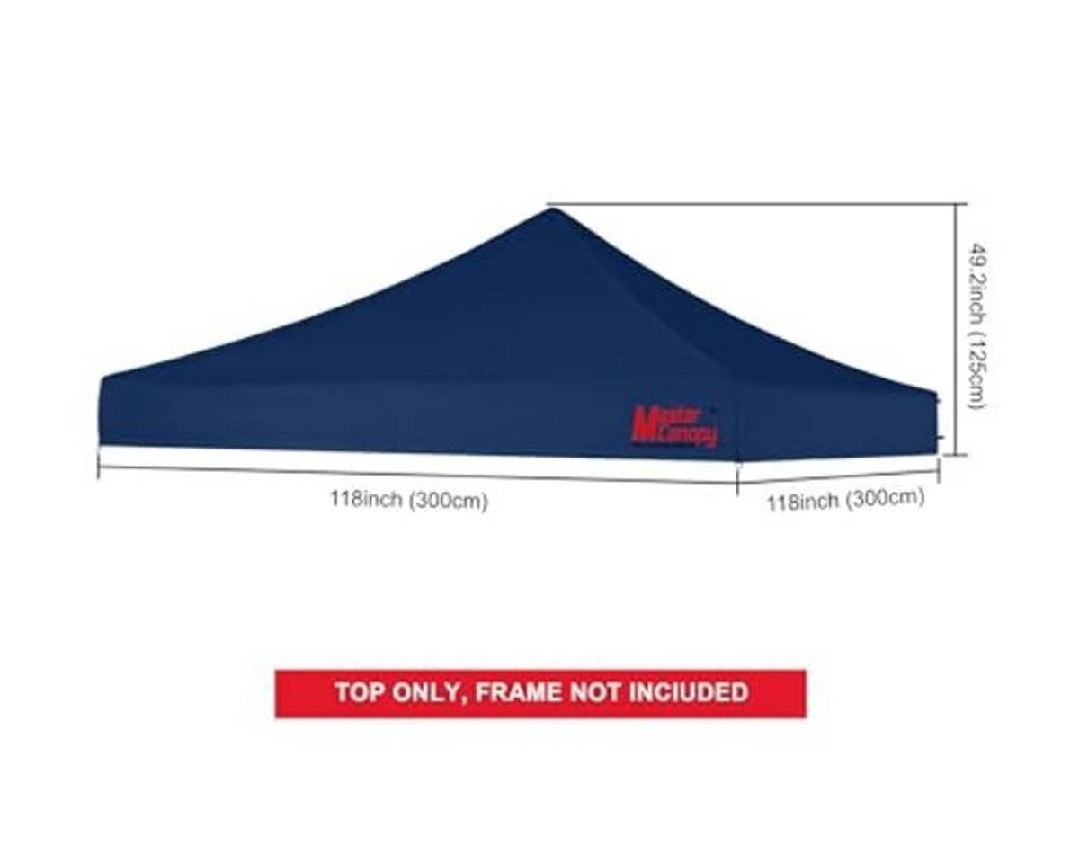 Navy pop-up canopy replacement top with peaked roof and size diagram