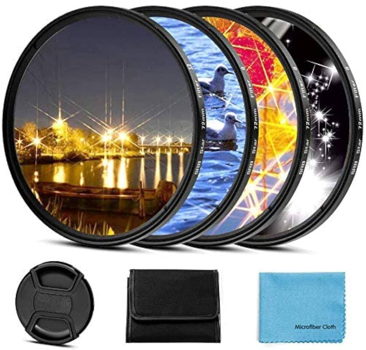 Set of black 67mm starburst lens filters with multiple star-point patterns