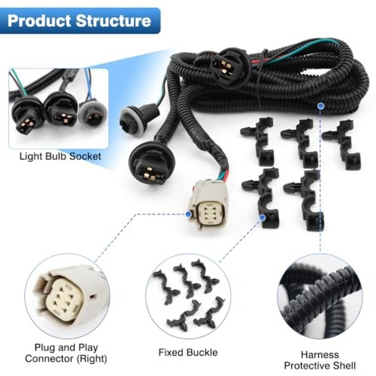 Tail light wiring harness with protective cable shell, plug connector, and fixed buckle clip mounts