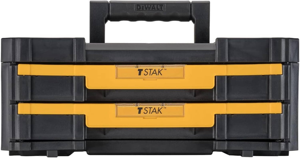 DEWALT TSTAK tool organizer with two open front drawers and dividers, gray and yellow