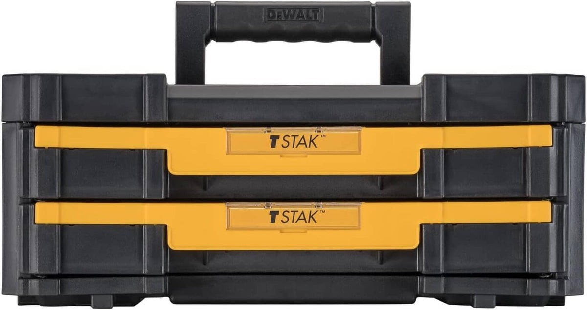 DEWALT TSTAK tool organizer with two open front drawers and dividers, gray and yellow