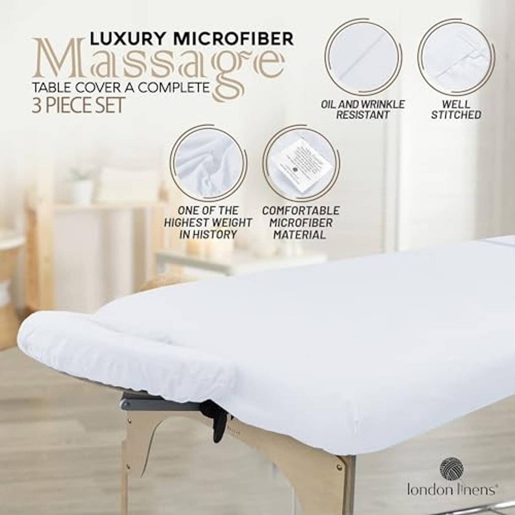 White microfiber massage table cover set with fitted 3-piece design