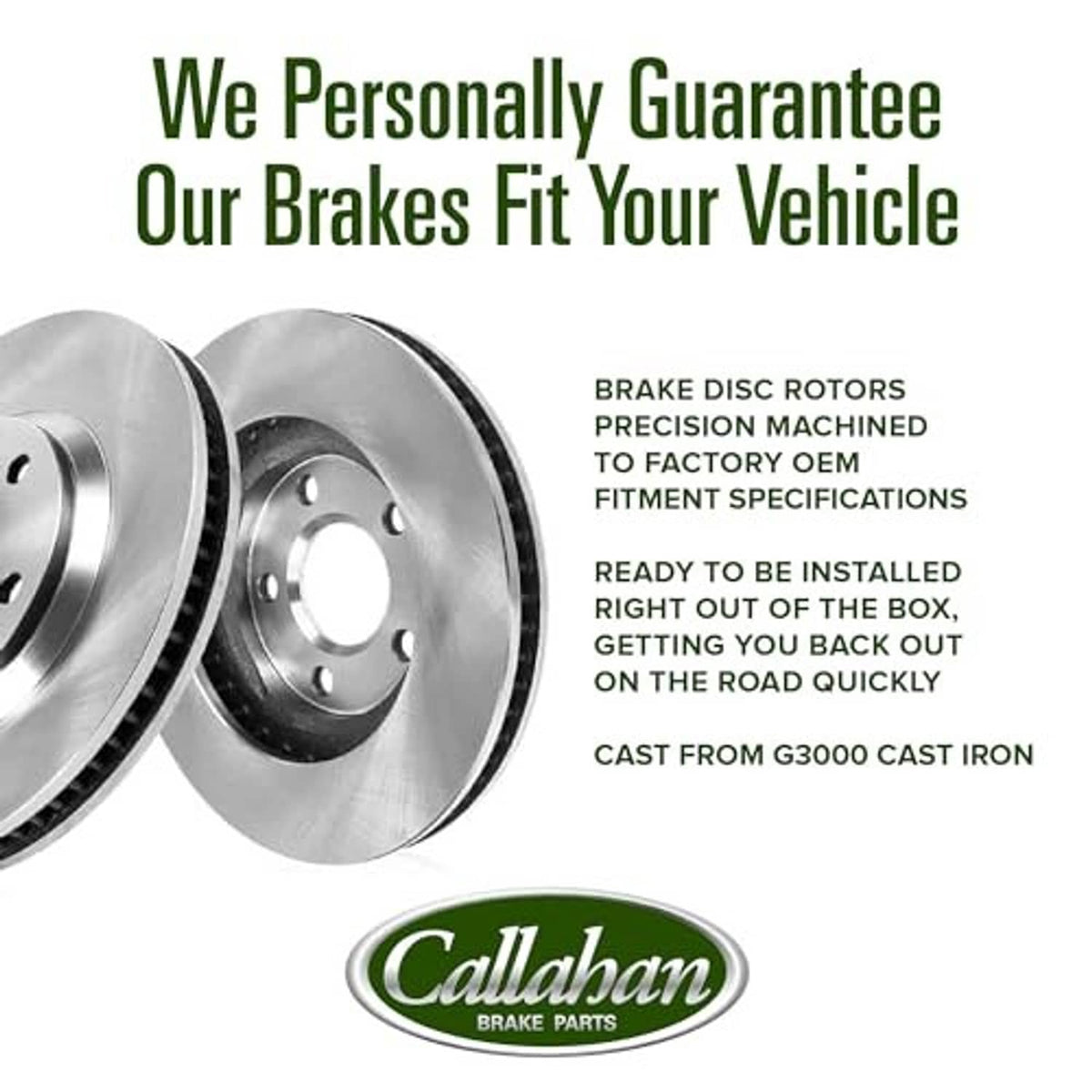 Machined brake disc rotors with brake pad hardware, Callahan Brake Parts logo