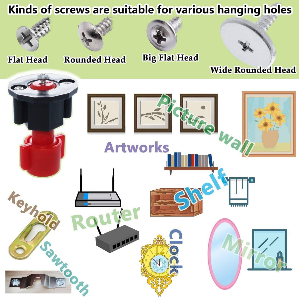 Assorted screw head types and hanging accessories for picture frames